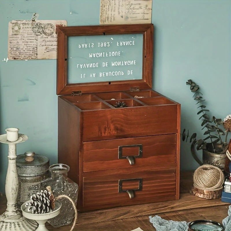 収納箱 ヴィンテージ調 引き出し 付き おしゃれ かわいい インテリア 北欧 ガラス蓋 キャビネット 大容量 収納 ボックス アクセサリー