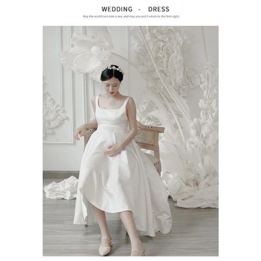 ウェディングドレス 妊娠ドレス タンクトップ ミモレドレス 妊婦さんOK スクエアネック 後ろリボン サテン 背中開き 袖なし ノースリーブ フィッシュテール 肩出-190
