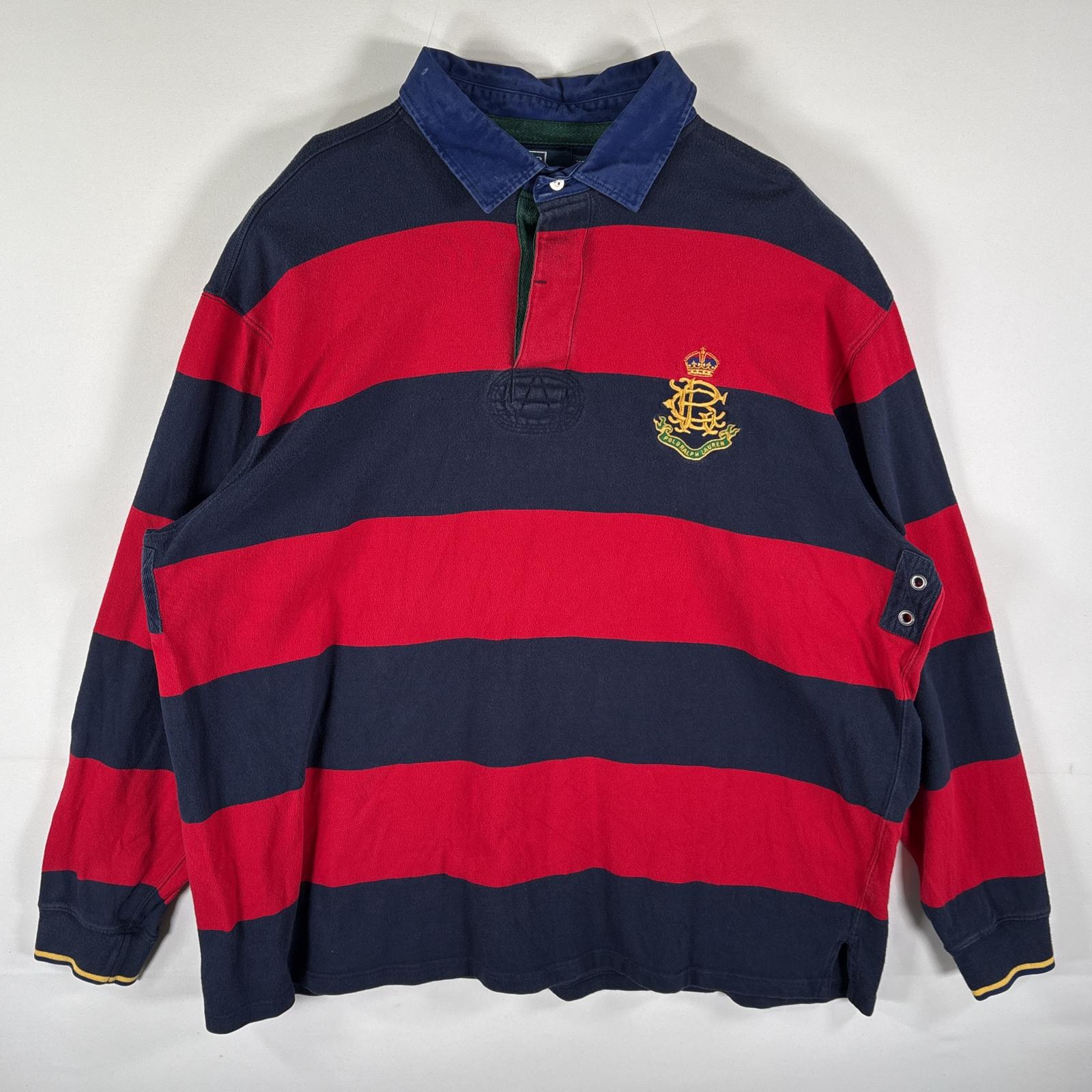 古着 ポロバイラルフローレン Polo by Ralph Lauren 長袖 ラガーシャツ ボーダー ワンポイントロゴ刺繍 ポロシャツ 3LT レッド メンズ