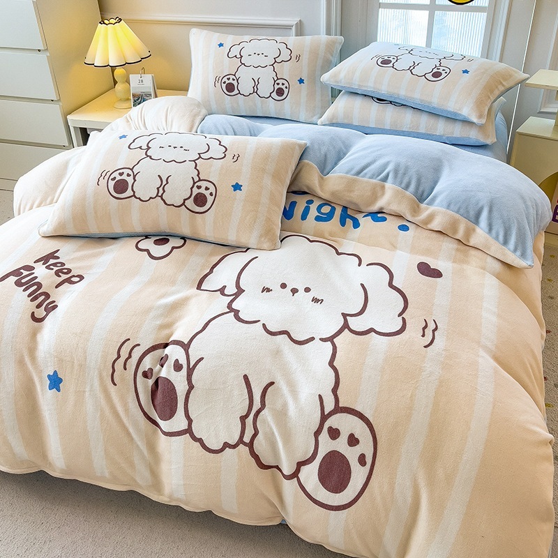 冬用両面あったかベッド4点セット 増厚サンゴフランネルシーツ 冬用ミルクぬいぐるみ点セット