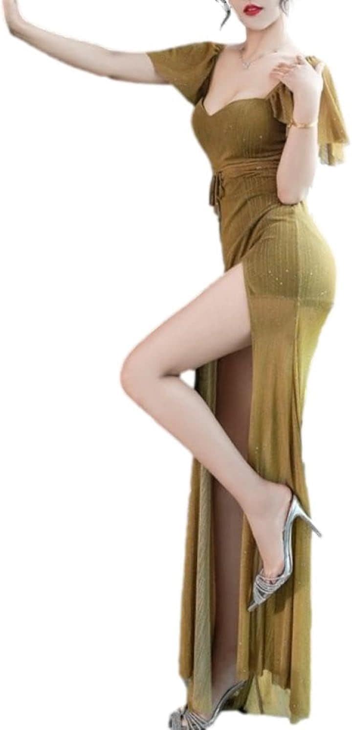 シースルー ワンピース ディープ スリット タイト ロング イブニングドレス 半袖 マキシ レディース EB4( イエロー, M)