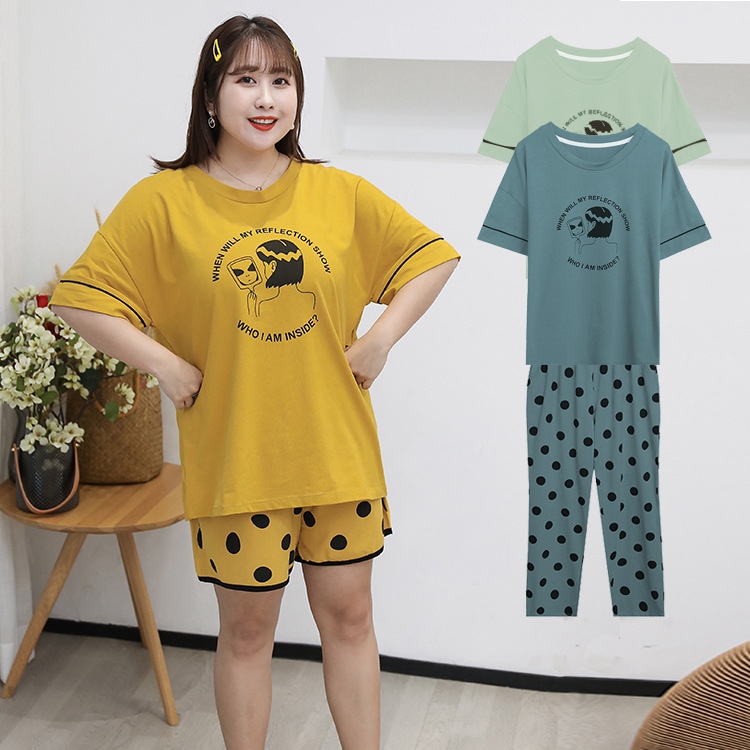 パジャマ 大きいサイズ レディース セクシー マタニティ 春夏 3点上下セット 4XL 3XL 2XL XL 半袖 半ズボン コットン 綿 円点 薄手 涼しい 無地 可愛い おしゃれ ゆったり 体型カ