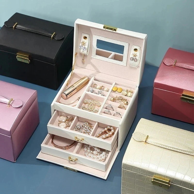 ホーム ハンドヘルドジュエリー収納ボックス 収納 リング ピアス イヤリング ジュエス 三層大容量のジュエリー収納ボックス