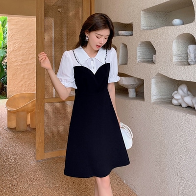 ドッキングワンピース ワンピース フレアワンピース ワンピドレス ミニ ミニ丈 袖あり 半袖 パフスリーブ 襟付き フレア ドッキング ウエストマーク ドッキング かわいい 大人可愛い きれいめ