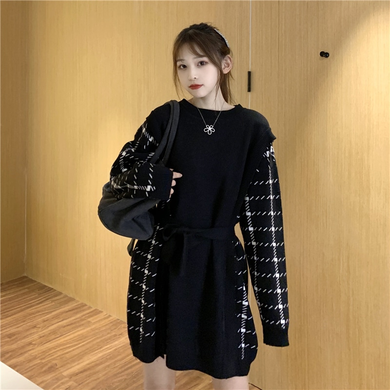 ワンピース レディース 女性用 レイヤード風 チェック柄 ショート丈 ハイネック バイカラー 長袖