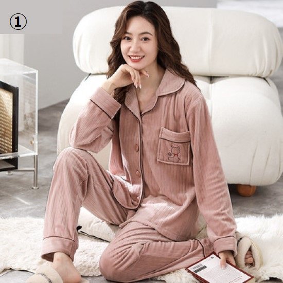 【取寄：納期2週間】ルームウェア レディース パジャマ おうち服 上下セット 2点セット ナイトウェア ホームウェア 襟あり フロントボタン 前開き 胸ポケット 厚手 冬 暖かい 長袖長ズボン 部屋着