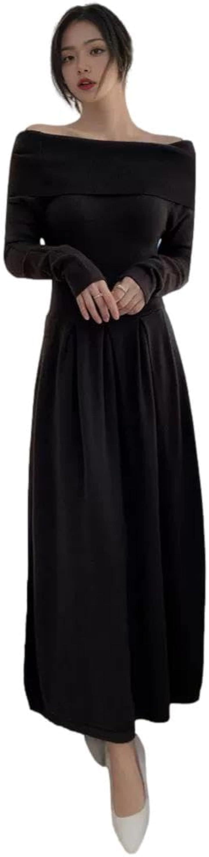 ロングニットワンピース オフショルダー レディース フィット＆フレア 長袖 ボックスプリーツ コーディネート キレイメ エレガンス レディライク シルエット 無地(ブラック, S)