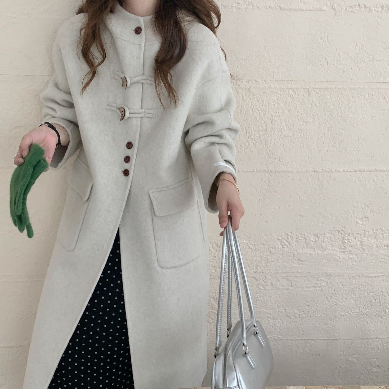 星型ボタン 両面ウールコート 膝丈オーバー ミディアムロング シングルボタン カレッジ風 フード付き 両面カシミアコート レディース