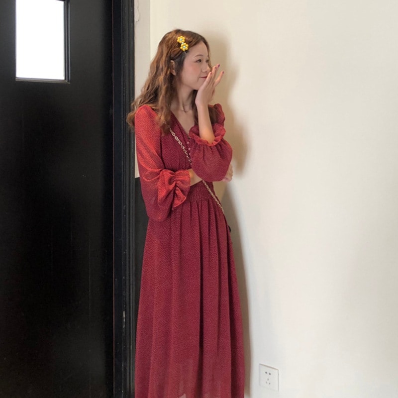 レディース ワンピース フレア ミモレ ロング 長袖 Vネック Aライン ウエストマーク 透け感 かわいい 大人可愛い カジュアル おしゃれ レトロ こなれ感 ラフ ガーリー 個性的 モダン 主役級