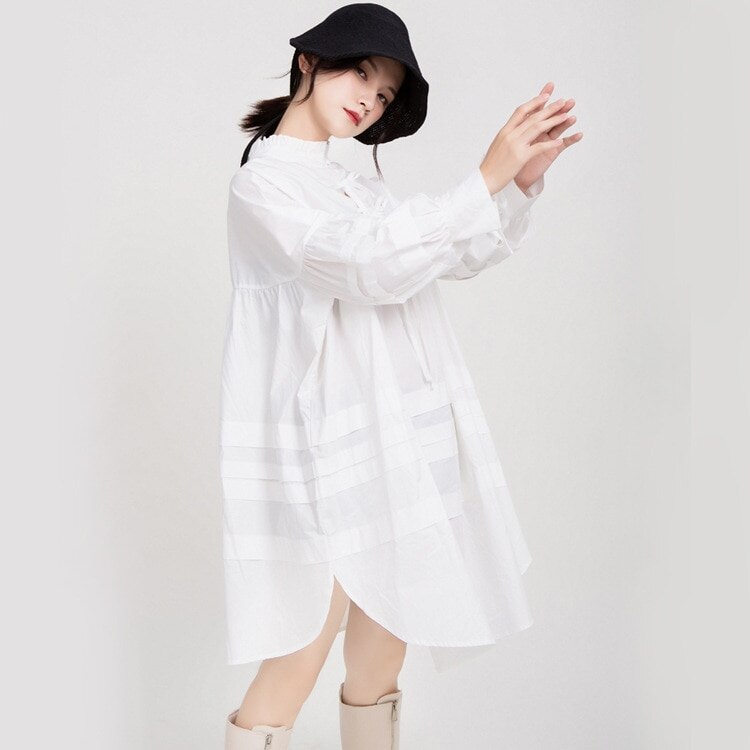 春レディース　　フリル　スタンドカラー　シャツワンピースLFZ15