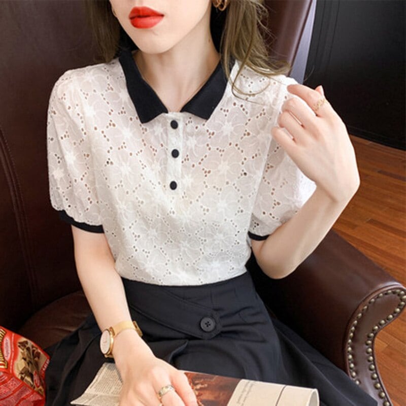 レトロ風 ワンカラー トップス シャツ ブラウス レディース 春夏 かわいい 白シャツ ショート ショート丈 半袖 五分袖 パフスリーブ レース袖 襟付き レギュラーカラー スリム タイト 細身 スト