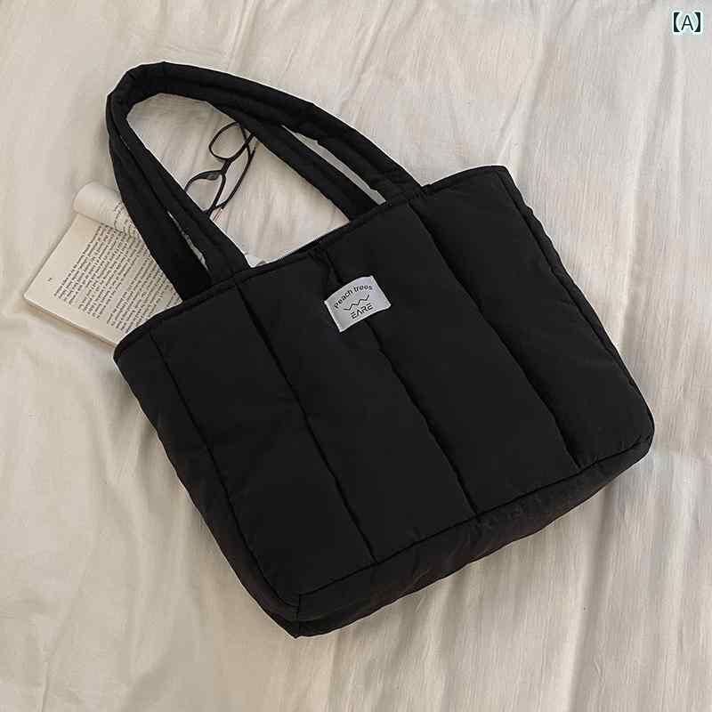 トートバッグ レディース 秋冬 キルティング 大容量 シンプル カジュアル おしゃれ 黒 アイボリー オレンジ ジッパー ナイロン 普段使い