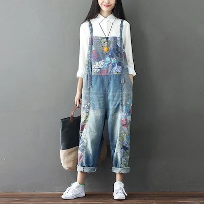 2025旧パッチワークジーンズを作ります女大符号花印サスペンダー大褌背帯ズボン放浪記街頭流