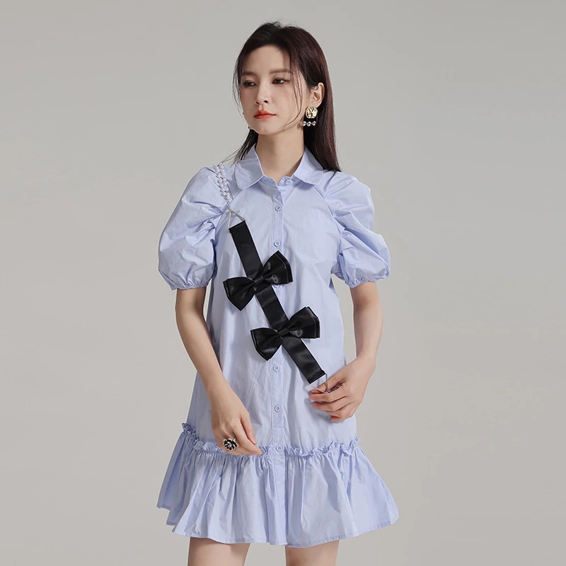 可愛いフランス甘い泡袖シャツワンピース夏の新しい小柄なハスの葉の縁の学生ワンピース30%制限