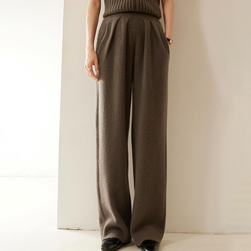 コーデ レディース ファッション オシャレ カワイイ シンプル きれいめ ナチュラル カジュアル 婦人 プリーツ パンツ アウターウェア 防寒 ストレート ワイドレッグ フロア レングス ニット