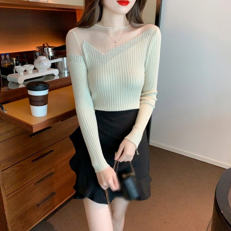 OFFクーポン ニットセーター インナー ブラウス トップス レディース カットソー 長袖 タートルネック 無地 防寒 シースルー 着回し 高伸縮 リブニット セーター シャツ フリル プルオーバー