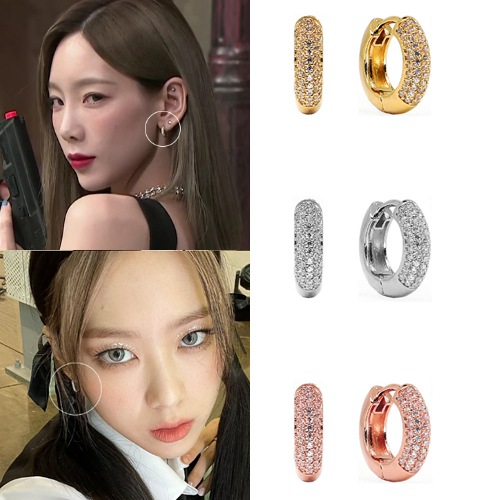 [テヨン/OH MY GIRL ジホ着用] [韓国の人気芸能人着用 パベキュービックボールドワンタッチリングピアス (14kメッキ) 韓国アイドルピアス 韓国の女性アイドルアクセサリー