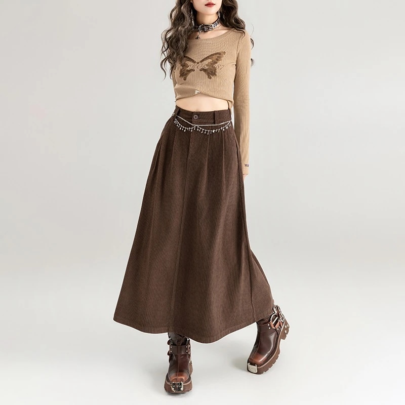 レトロ細縦ピットストリップaラインスカート2024春夏ゆったり着痩せバークレースカートロングスカート 5,406円