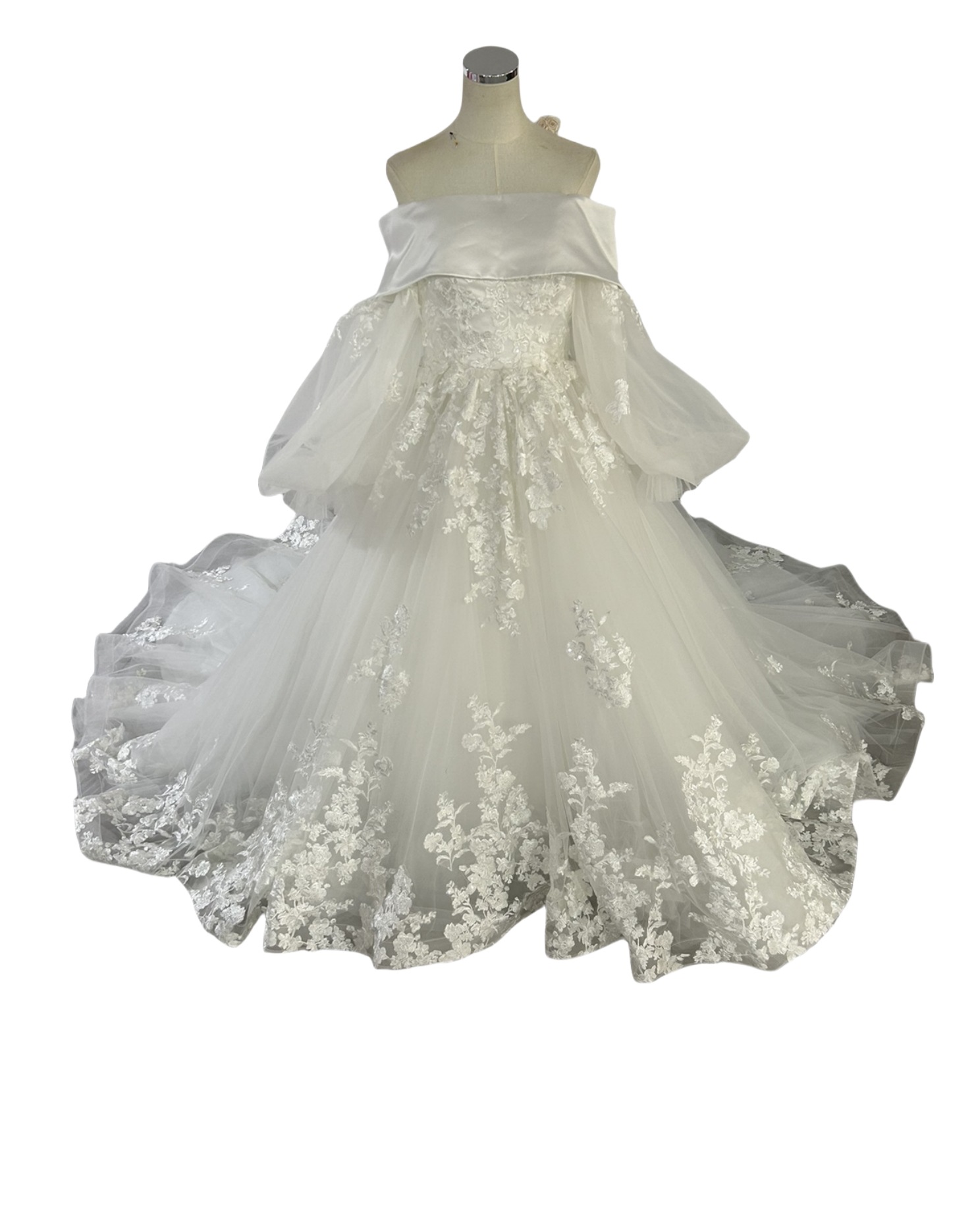 豪華！ウェディングドレス ベアトップ キラキラ光る刺繍 取り外し袖 オフショルダー 編み上げ 結婚式