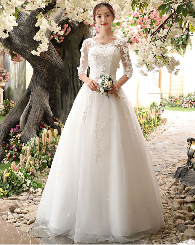 軽いウエディングドレスドレスの新型の花嫁は出そろってシンプルな長袖のウエディングドレスvネック宴会の注親ドレスです