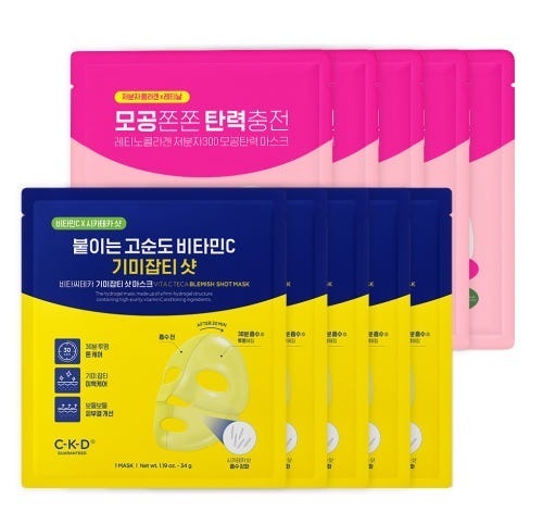 [5枚+5枚] 鍾根堂 健康 ビタC テカ ショットマスク 34g 5枚 レチノ コラーゲン 毛穴 弾力 マスク 31g 5枚 セット 密着ケア 高濃度 ビタミンC レチノール 弾力保湿 ミミ