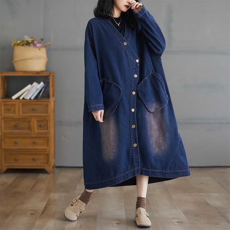 「ファットガール」 2024秋新品 ロングデニムジャケット 大きいサイズ 体型カバー レトロ レディース デニムワンピース アウター メガ割30%制限