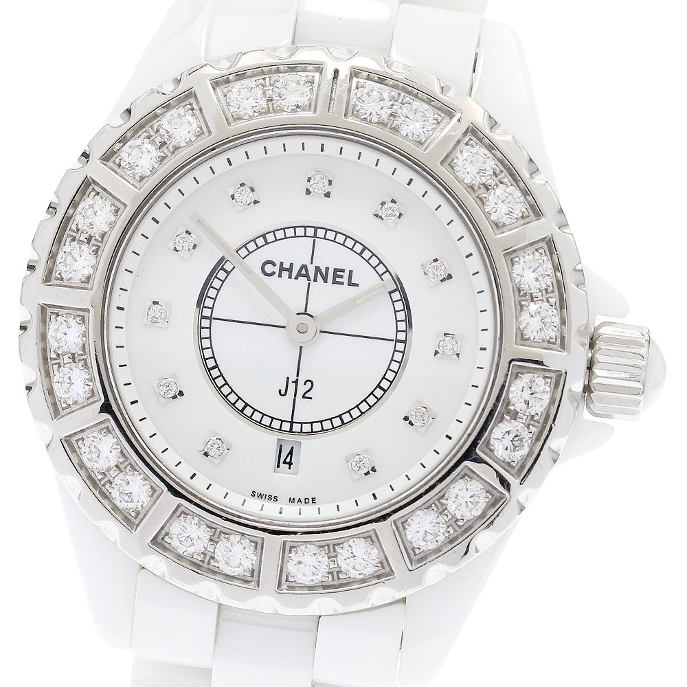 シャネル CHANEL H2429 J12 白セラミック ダイヤベゼル デイト 11Pダイヤ クォーツ レディース _912221【中古】