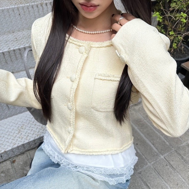 [ラブリー/ノーカラー] ツイード クロップ ジャケット 春秋冬