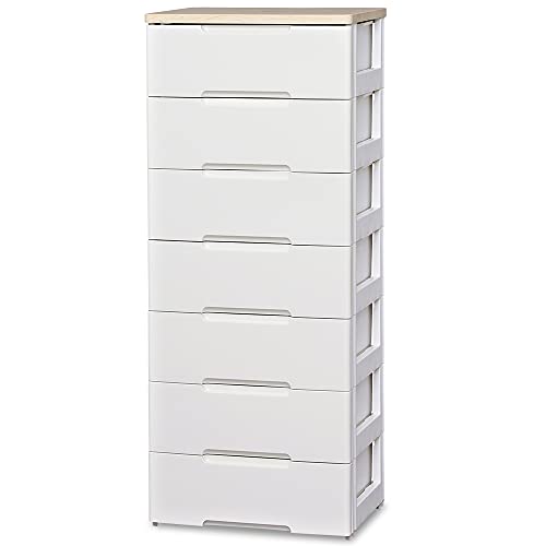 アイリスオーヤマ チェスト 7段 届いてすぐ使える完成品 ラクラク引出し 木天板 幅56×奥行41.5×高さ138cm ホワイト / ナチュラル 白 プラスチック HG-557R 組立不要