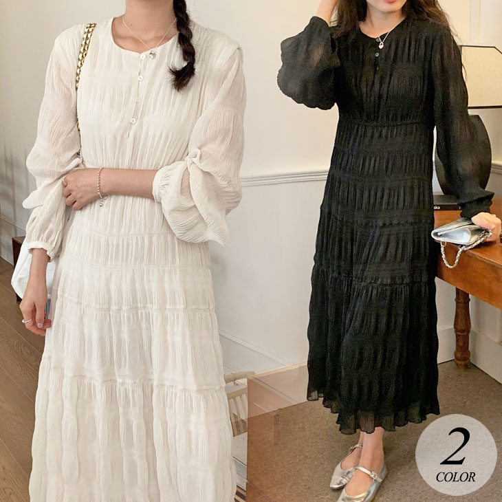 シアー シフォン ロング ワンピース 長袖 マキシ フレア ティアード シースルー 透け感 無地 ゆったり 大きめ 体型カバー 可愛い ガーリー フェミニン きれいめ リゾート 旅行 春 夏 レディー