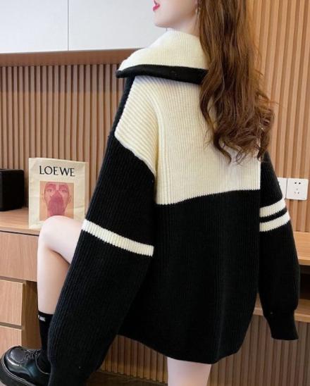 厚手 セミロング タートルネック セーター レディース ゆったり ジ ップアップ コントラストカラー