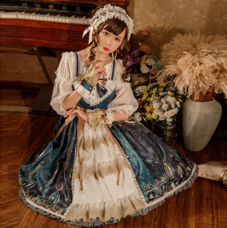 【新作登場 最安値】ロリータワンピース ロリータ服 ジャンパースカート プリンセスドレス プリント柄 ロリータファション クラッシック フリル パーティードレス Lolita 人コスチューム ゴスロリ