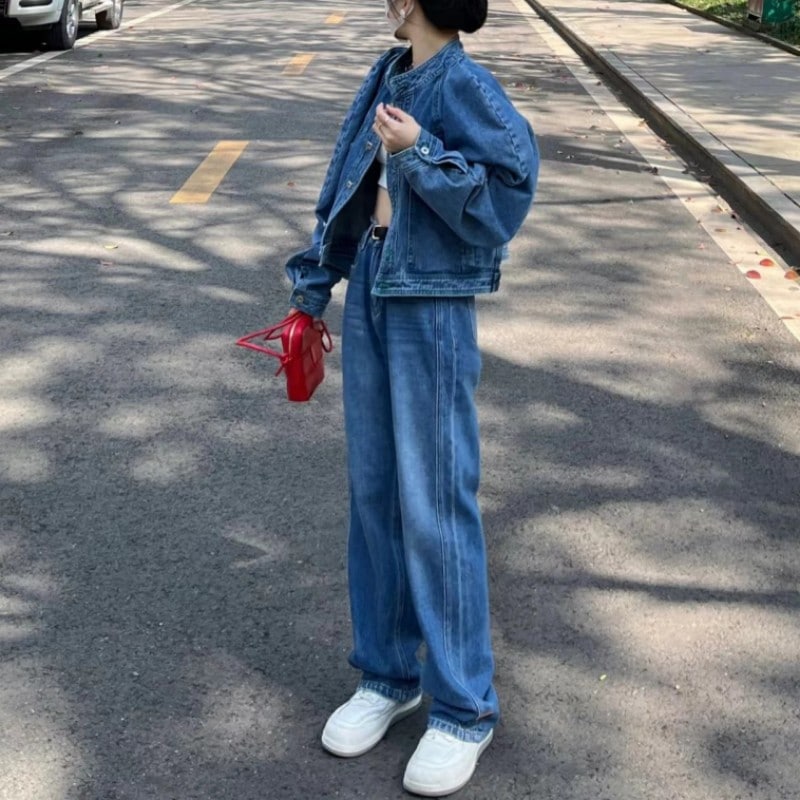 初秋おしゃれ風レトロデニムスーツ女性用韓国風スモールジーンズデニムジャケット2点セット 母の日