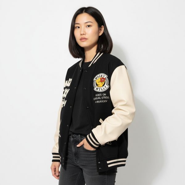 Appliqué Varsity Jacket Black
