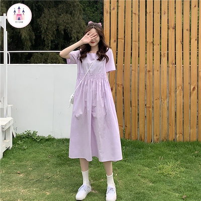 薄紫のパール装飾付き半袖ワンピース 38 Qoo10] 紫のワンピース女子学生韓国版ゆったり夏2