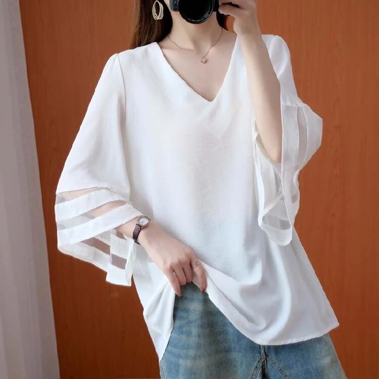 ネックシースルートップス トップス ブラウス 袖あり l 七分袖 フレアスリーブ Vネック シフォン 透け感 シースルー ポリエステル かわいい 大人可愛い きれいめ シンプル カジュアル 大