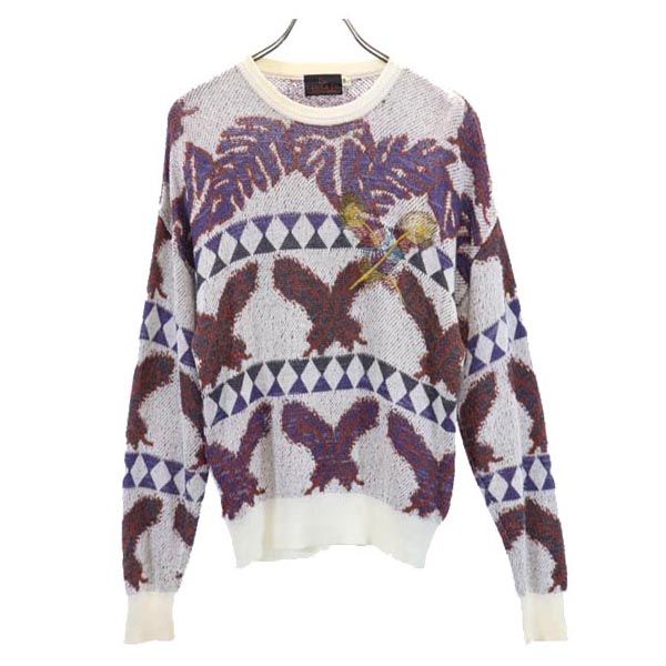 サンタフェ リネンブレンド 総柄 長袖 ニット 38 ホワイト系 santa fe 薄手セーター メンズ