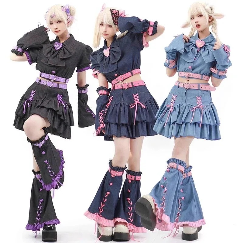 仮装 水色 地雷系 コスプレ ミニスカート ピンク ゆめかわいい セット衣装 ゴスロリ 衣装 ハロウィン 萌え 【新品先発】ロリータ風 ファッション Y2K メンヘラ デニム 森ガール 黒