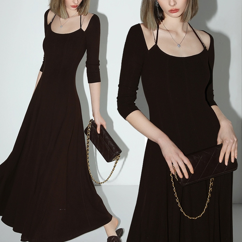 ブラックニットロングマキシ丈セブンスリーブタイトワンピース　24625