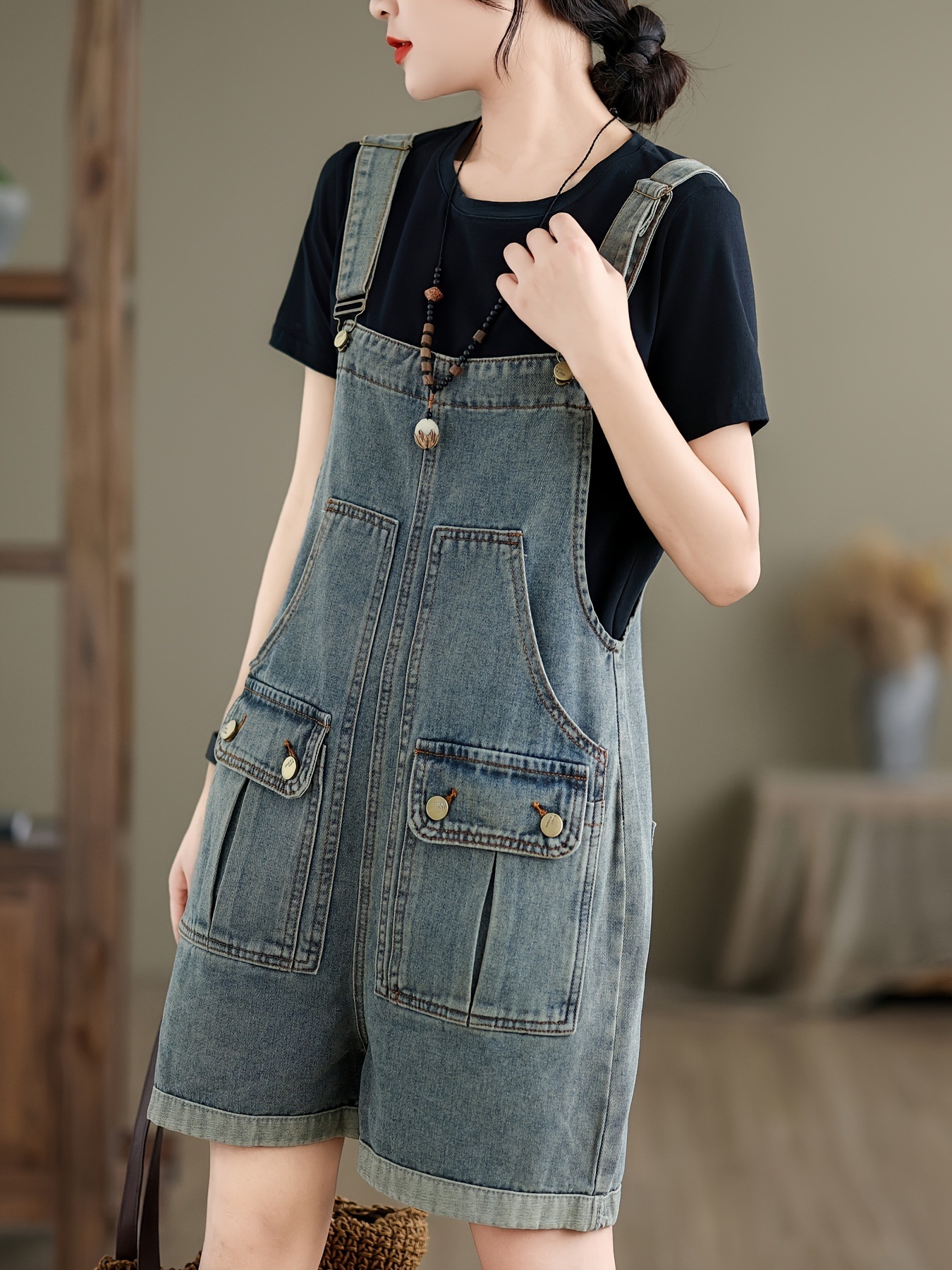 レトロ風デニムオーバーオールポケット付き調節可能女性用