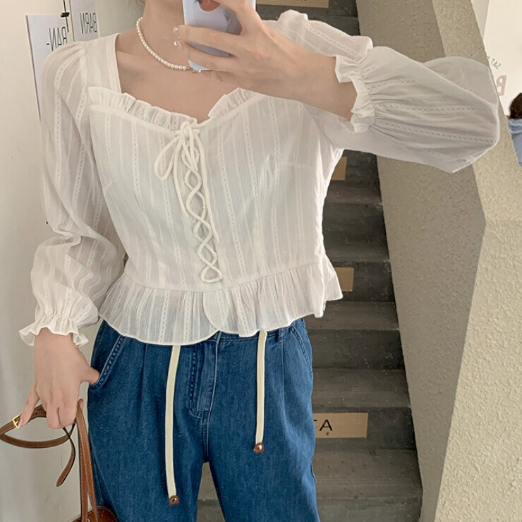 トップス レディース シャツ ブラウス クロップド クロップド丈 プルオーバー 袖あり 長袖 ボリューム袖 パフスリーブ 襟付き リボン フリル 透け感 薄手 かわいい 可愛い 大人可愛い きれいめ