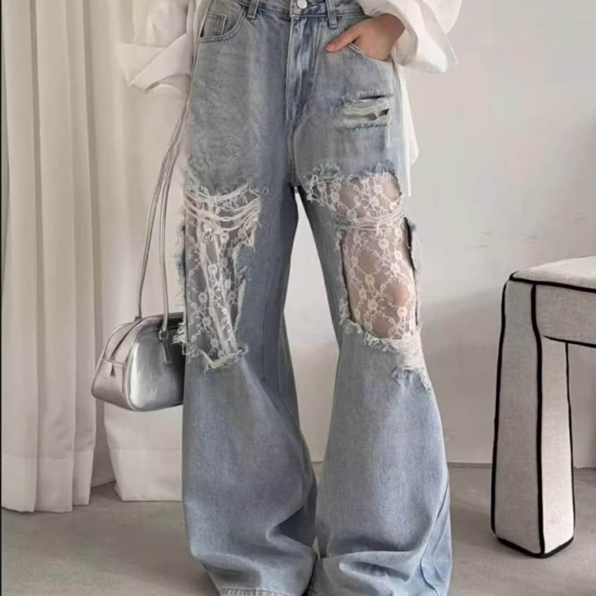 大人気！ 2025春夏 デニムパンツ ボトムス ハイウエスト ジーンズ K-POP ストリートファッション系モップ韓国風ファッション練習ジーンズ シルエット加工ゆったりレッグレディースカジュアルジー