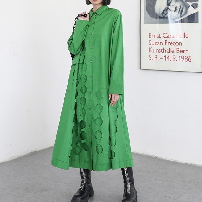 レディース ワンピース シャツワンピ フレア ロング アシンメトリー 長袖 Vネック 襟付き 角襟 Aライン フェミニン ストリート 切り替えデザイン ドッキング かわいい 大人可愛い おしゃれ