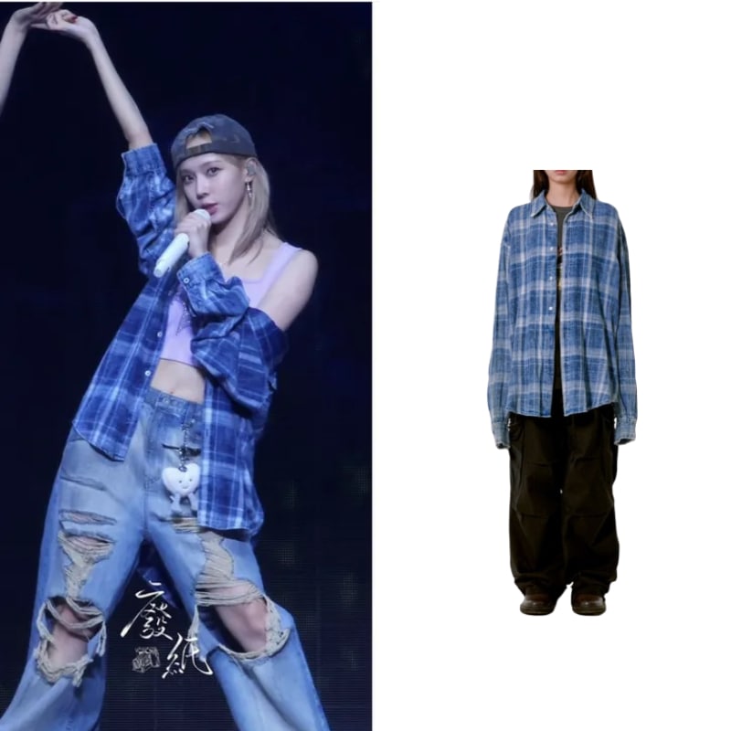 【aespaウィンター,Lesserafimカズハ着用】 Washed Check Shirts (BLUE)