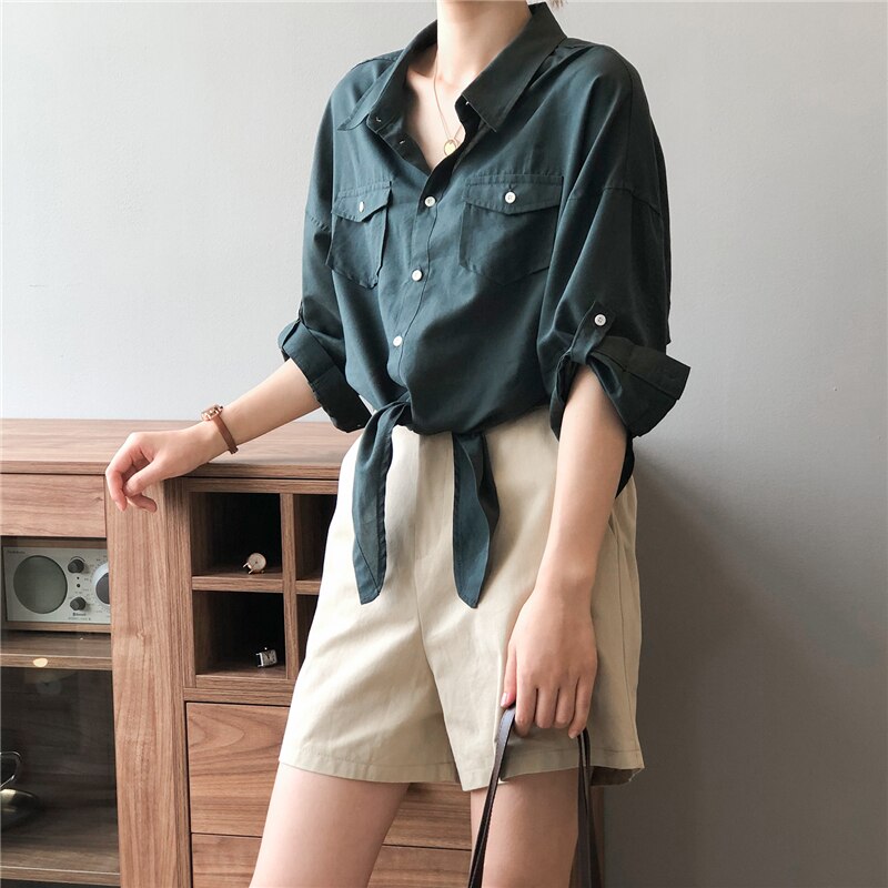 2color レディース トップス シャツ ブラウス 襟付き フロントボタン ポケット 長そで