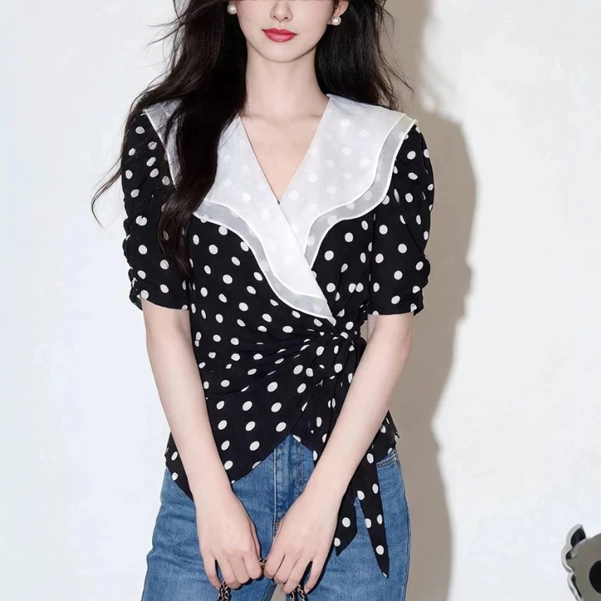 3日出荷 半袖 Tシャツ 通勤 フリル V ネック 水玉柄 リボン シャツ レディース 正肩 ミニマル トップス