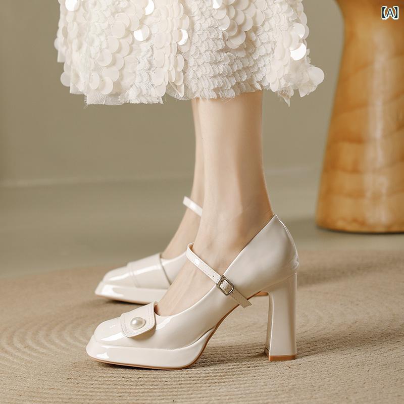 【今季トレンド】ヒール レディース パンプス 美脚 フランス レトロ 太ヒール 歩きやい チャンキー メリージェーン ハイヒール パール 防水 靴 小さめ 革靴 優しい 花嫁 介添人 結婚式 写真 靴
