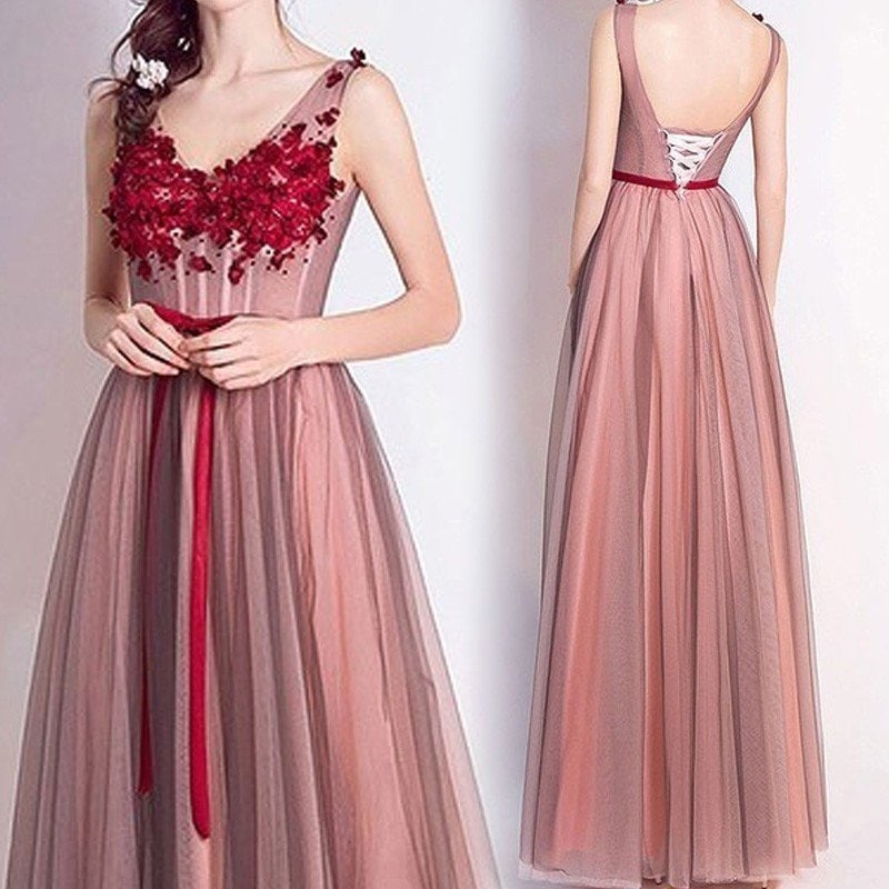 2018新作 パーティードレス パーティドレス 赤 ピンク 立体花 刺繍 レース ロングドレス 演奏