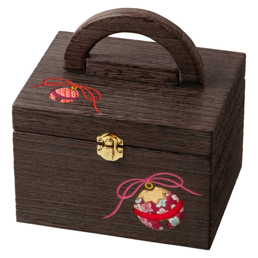 ソーイングボックス・小 (044)　鈴　裁縫箱　木目込細工　桐製・時代仕上　箱長の桐工芸品　日本製　東京浅草の木製品