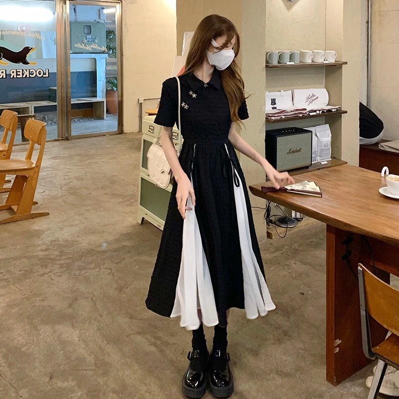 ワンピース レディース チャイナ風 フレア 半袖 膝下 ミモレ 襟付き Aライン リボン ハイウエスト 大人可愛い きれいめ パーティー 上品 お洒落 お出かけ デート 黒 白 モノトーン S M L